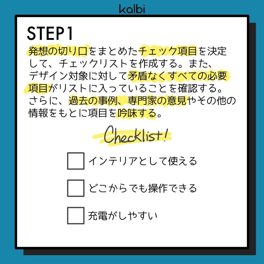 発想の切り口をまとめたチェック項目を決定して、チェックリストを作成する。また、デザイン対象に対して矛盾なくすべての必要項目がリストに入っていることを確認する。さらに、過去の事例、専門家の意見やその他の情報をもとに項目を吟味する。