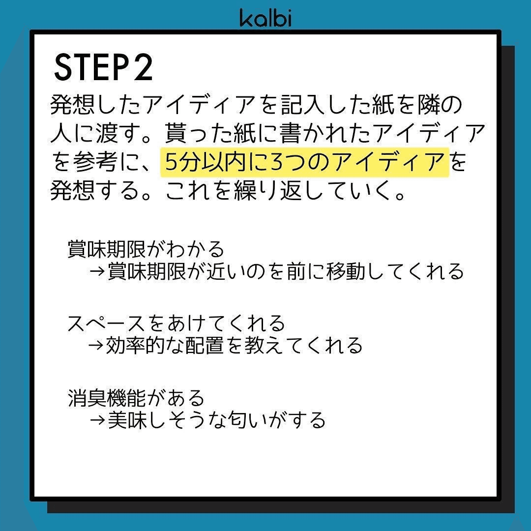 発想したアイディアを記入した紙を隣の人に渡す。貰った紙に書かれたアイディアを参考に、5分以内に3つのアイディアを発想する。これを何度も繰り返す。