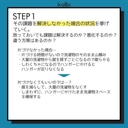 その課題を解決しなかった場合の状況を挙げていく。放っておいても課題は解決するのか？悪化するのか？違う方策はあるのか？